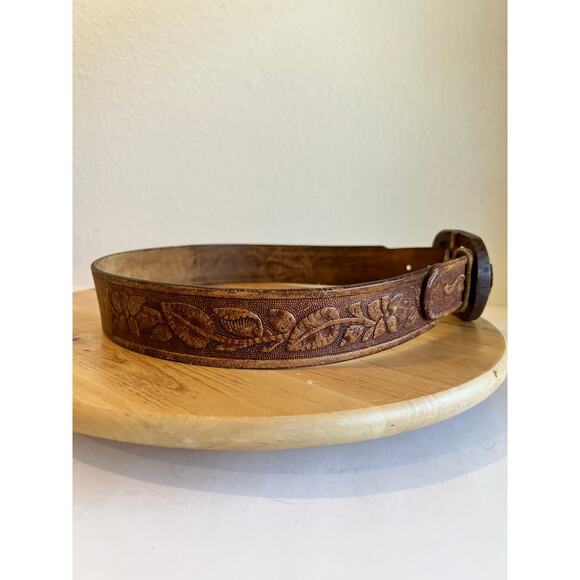 Vintage Brown Tooled Floral Western Wooden Carved Buckle Belt Size Medium main image 11
